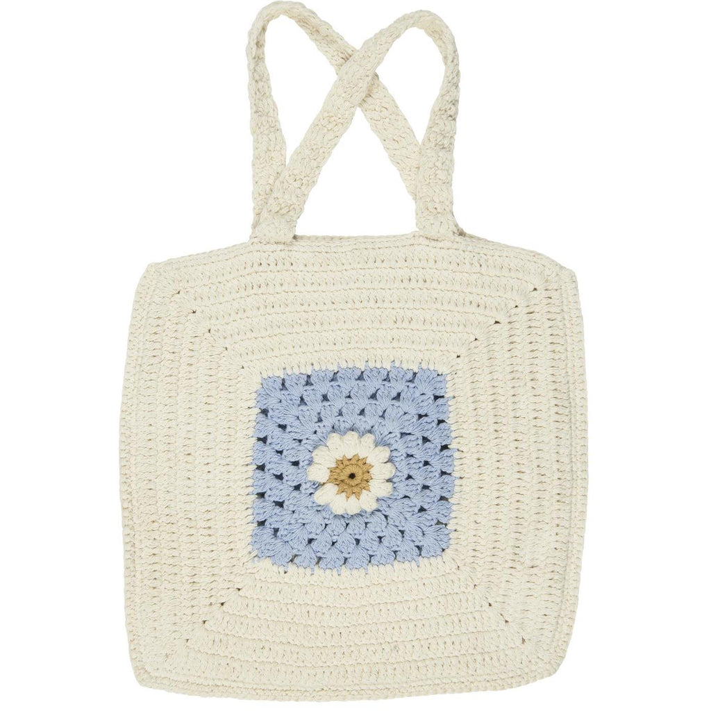 Gehäkelte Tasche - butter cream und blau mit Blume