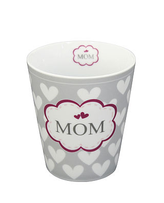 Becher mit Schriftzug "MOM" - Happy Mug - grau mit Herzen
