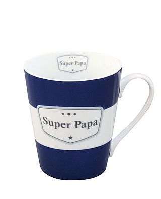 Becher mit Henkel "Super Papa" weiss blau - Schriftzug - Streifen breit - Happy Mug with Handle
