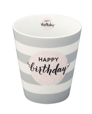 Becher mit Schriftzug "Happy birthday" - Streifen grau mit rose - Happy Mug