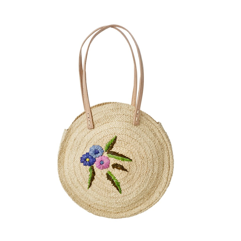 Schultertasche rund | Raffia Shoulder Bag with Flower Emboidery von rice