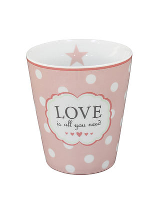 Becher mit Schriftzug "Love is all you need" - Happy Mug - rosa mit Punkten