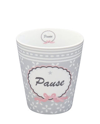 Becher mit Schriftzug "Pause" - Happy Mug - grau mit Daisyblümchen