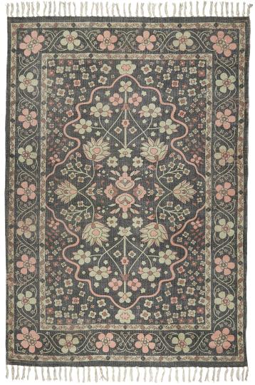 Teppich schwarz mit lachsrosa Blumen und hellgrün