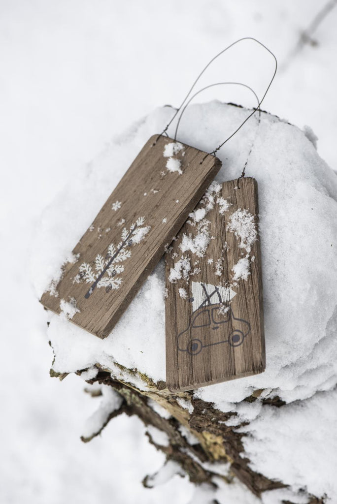 Holzschild Tannenbaum auf Autodach an Draht